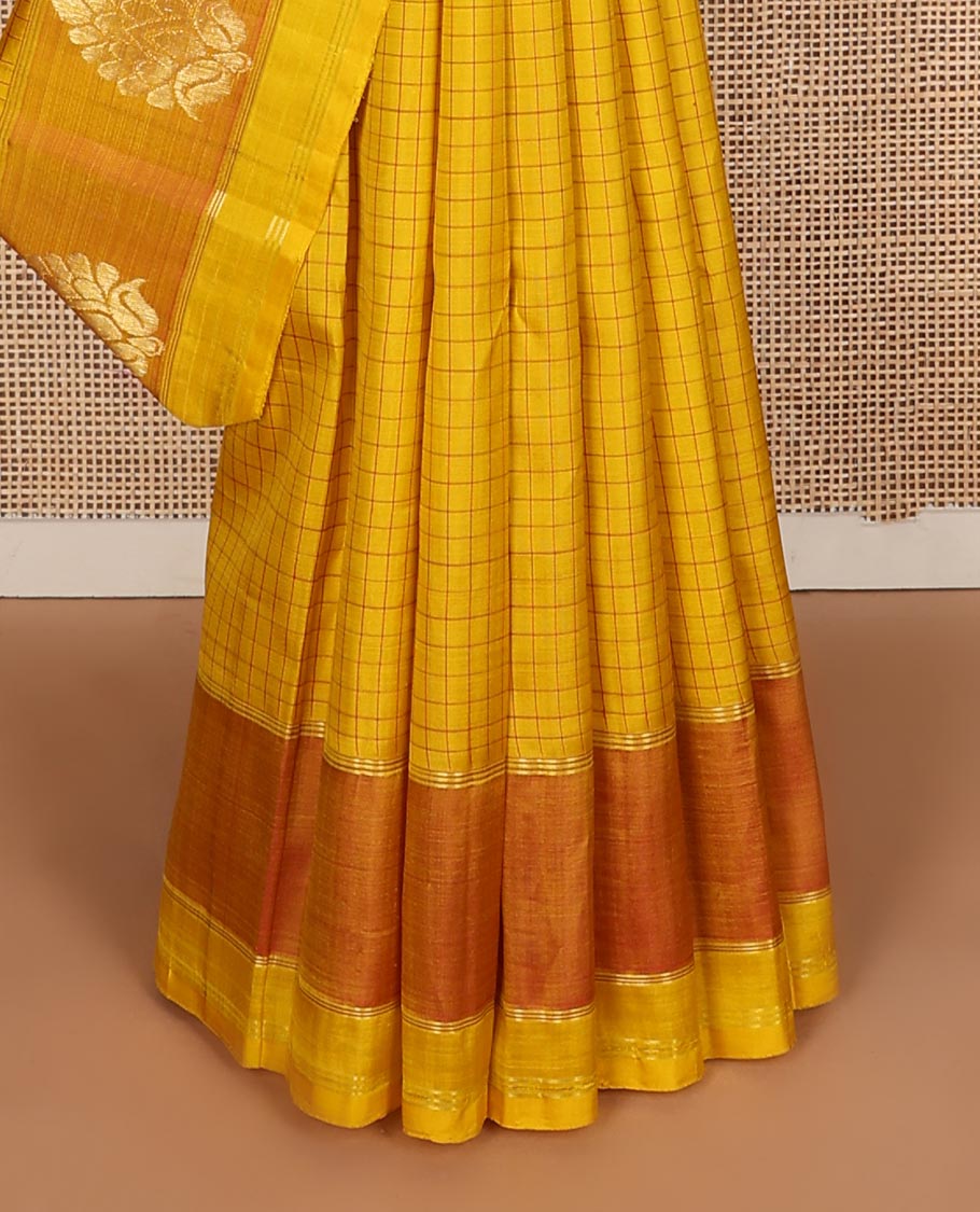 Yellow checked design, and zari buttas Kanchipuram silk saree, contrast zari butta border, and floral dsign pallu