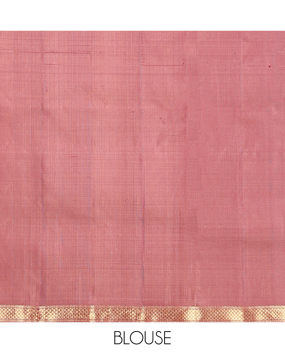 Pink mayil buttas soft silk saree, zari piping border, and pallu of intricate designs