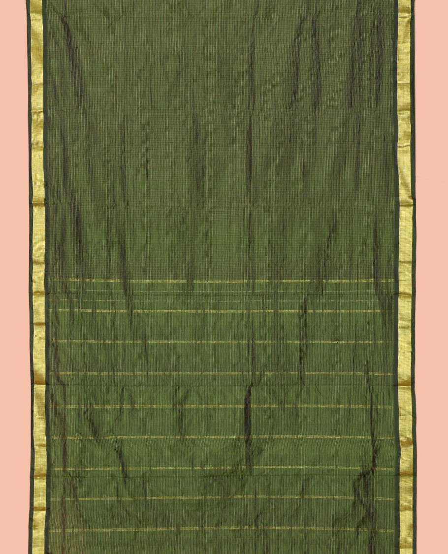 Green Checked Ten Yard Saree, a Zari Border, Striped Pallu, and No Blouse
