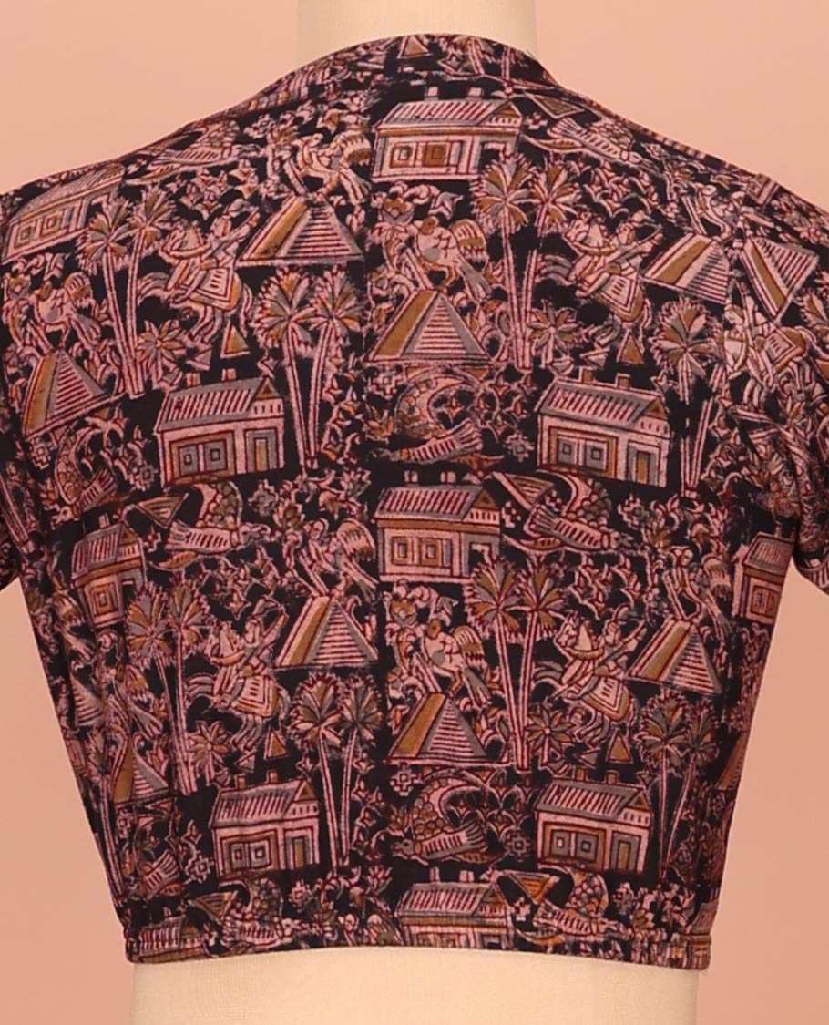 Black Cotton Readymade Blouse Subtly Sparked with All-Over Village Theme Print, Featuring a Front Leaf-Neck, a Closed Back Neck, and Elbow Sleeves