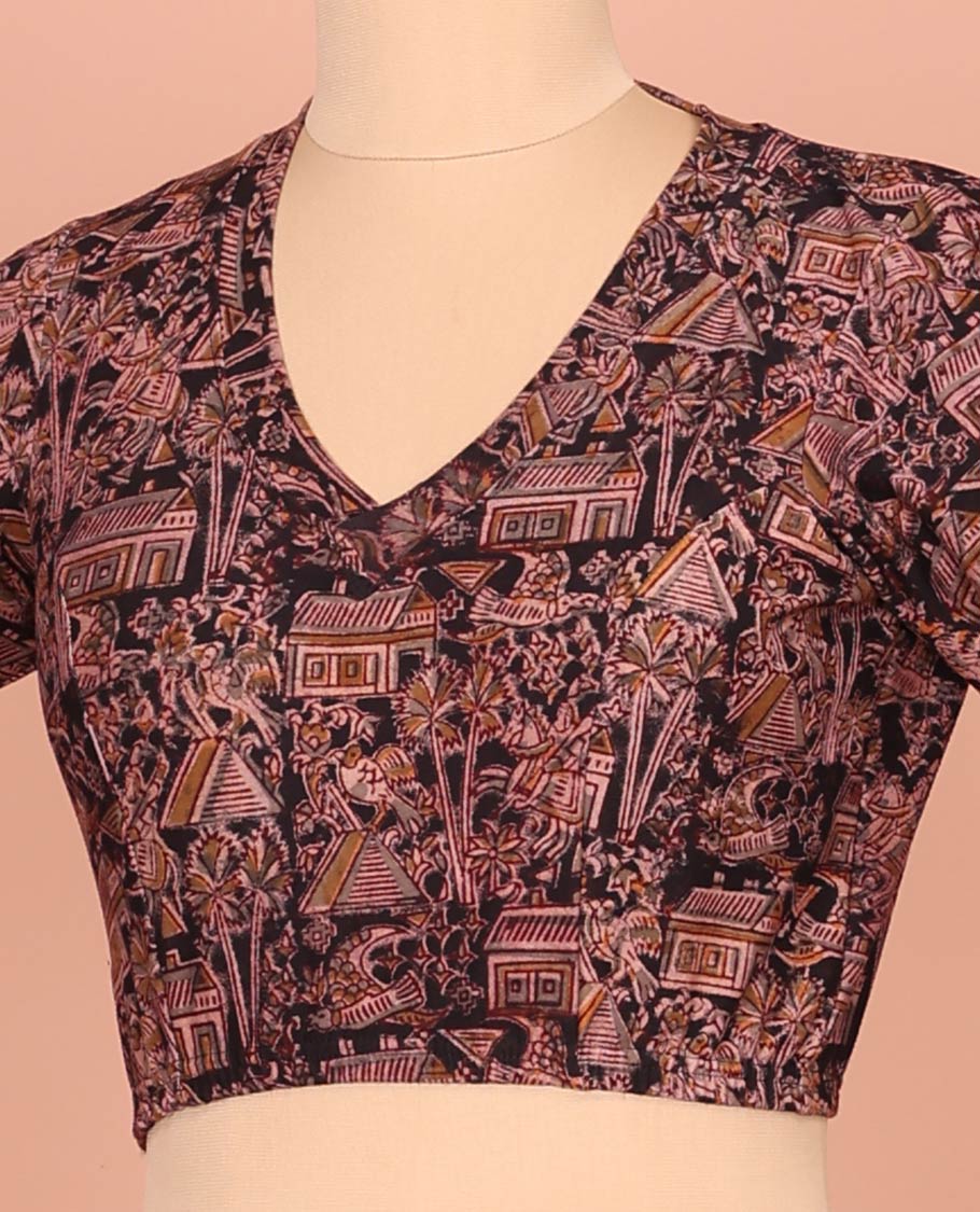 Black Cotton Readymade Blouse Subtly Sparked with All-Over Village Theme Print, Featuring a Front Leaf-Neck, a Closed Back Neck, and Elbow Sleeves