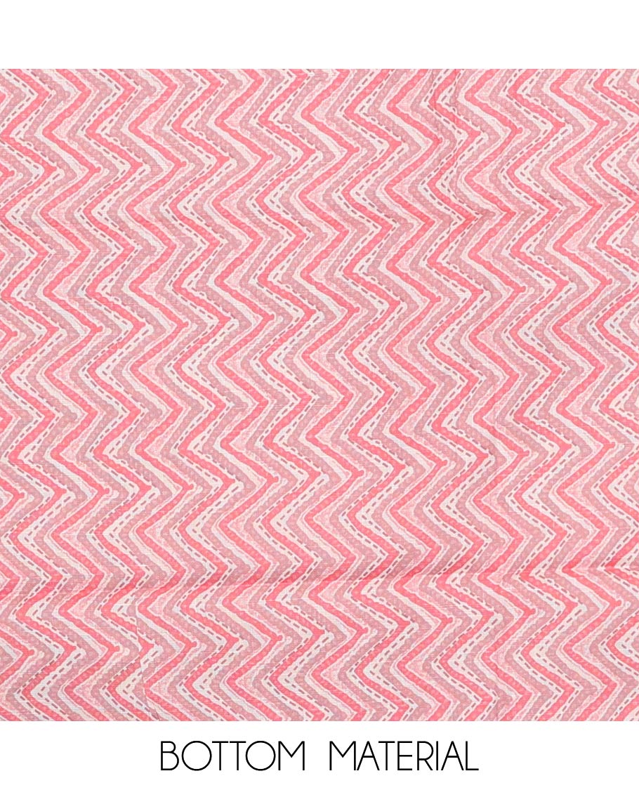 Pink material churidar set, sunflower motifs printed with button stitched cotton top, contrast chevron printed cotton bottom, and textured chanderi dupatta of sequins stripes