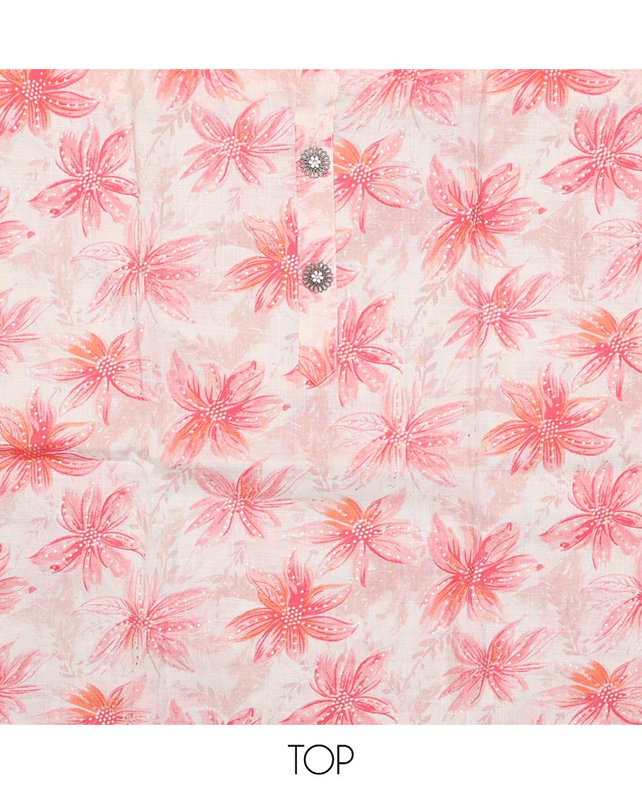 Pink material churidar set, sunflower motifs printed with button stitched cotton top, contrast chevron printed cotton bottom, and textured chanderi dupatta of sequins stripes