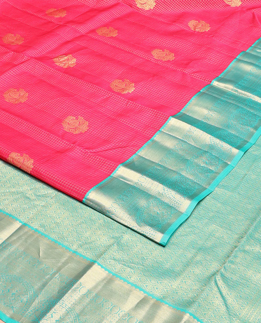 Pink zari design vasundhara silk mix saree, contrast border of paisa,kamalam,rettai neli,lavangam & mayil design & jaal pallu