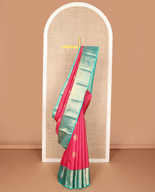 Pink zari design vasundhara silk mix saree, contrast border of paisa,kamalam,rettai neli,lavangam & mayil design & jaal pallu