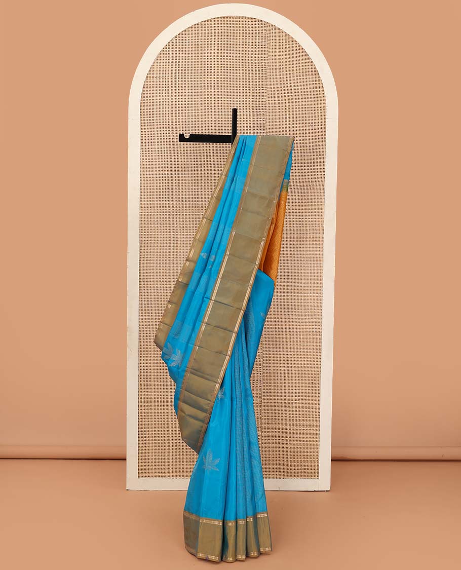 Blue zari design Vasundhara silk mix saree, contrast rettai pettu zari design border, and contrast intricate pallu