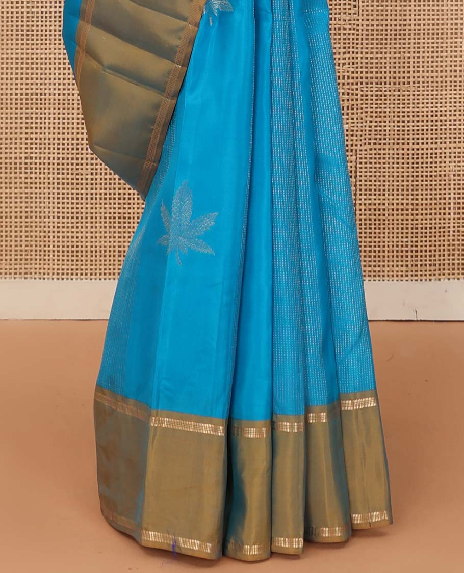 Blue zari design Vasundhara silk mix saree, contrast rettai pettu zari design border, and contrast intricate pallu