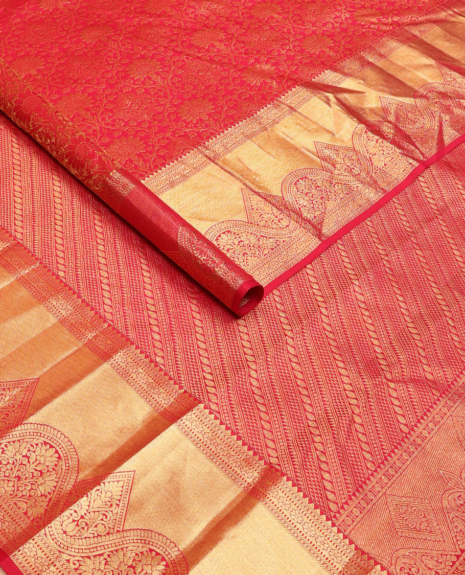 Red jacquard wedding silk saree, geometric design pallu & zari border of rekku,muthu & kamalam designs