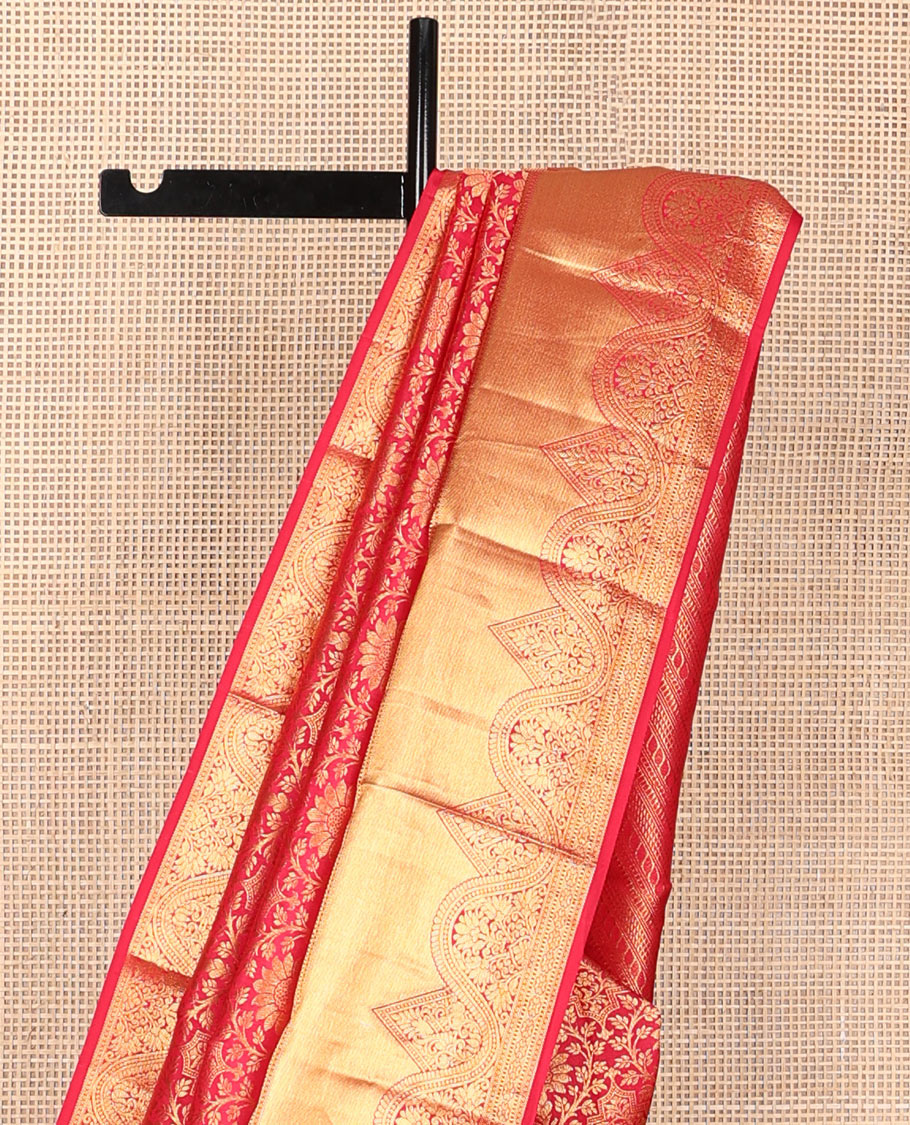 Red jacquard wedding silk saree, geometric design pallu & zari border of rekku,muthu & kamalam designs