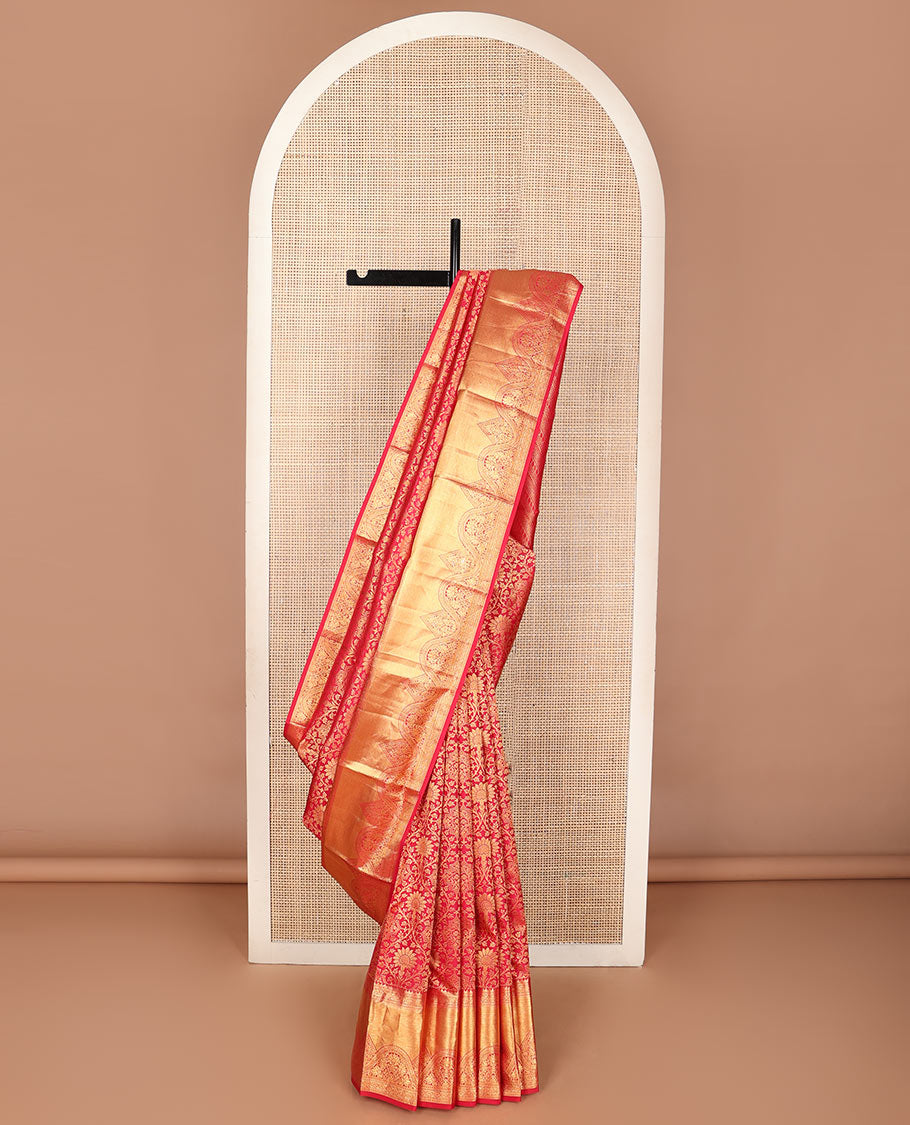 Red jacquard wedding silk saree, geometric design pallu & zari border of rekku,muthu & kamalam designs