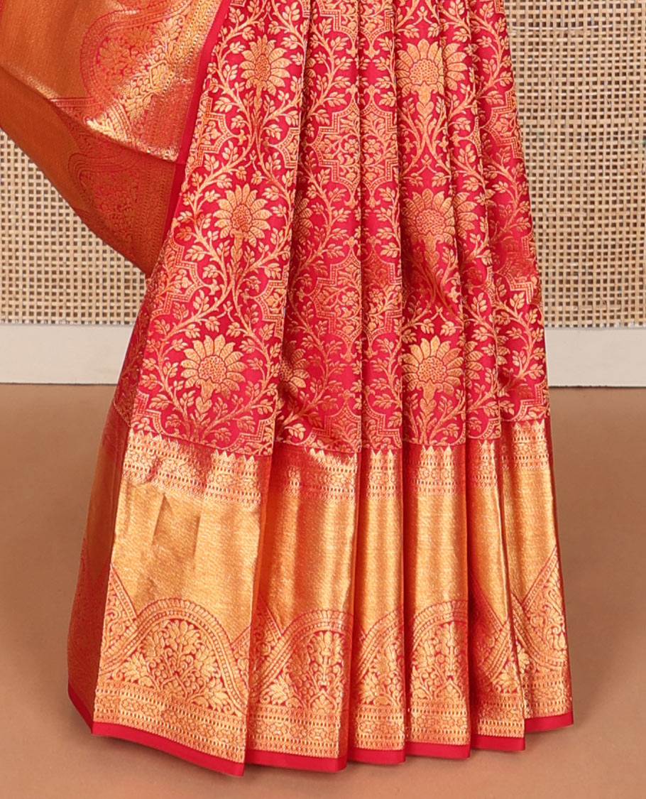 Red jacquard wedding silk saree, geometric design pallu & zari border of rekku,muthu & kamalam designs