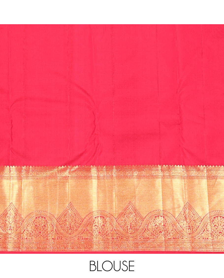 Red jacquard wedding silk saree, geometric design pallu & zari border of rekku,muthu & kamalam designs