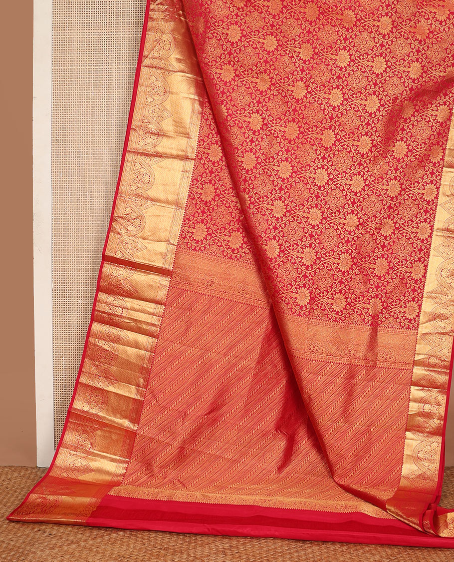 Red jacquard wedding silk saree, geometric design pallu & zari border of rekku,muthu & kamalam designs