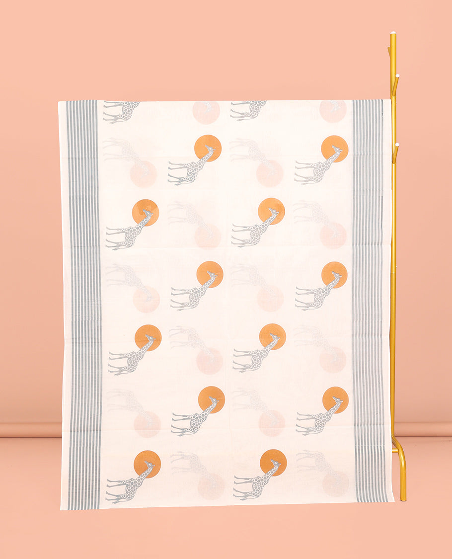 Cream Kerala Cotton Saree, Enthralled with Sun and Giraffe Motifs, a Subtle Striped Border, and a Matching Blouse
