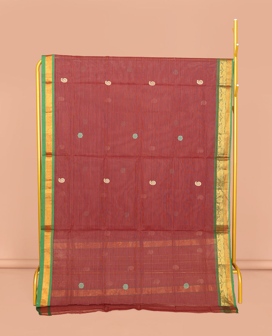Rust Venkatagiri Cotton Saree, Woven with Buttas and Stripes, a Contrast Traditional Zari Border, Pallu of Buttas and Stripes, and No Blouse