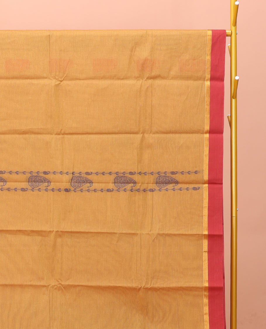 Mustard Kanchi Cotton Saree Features Paisley Buttas and Stripes on Its Body, Complemented by a Contrast Border, Paisley Vine Pallu, and a Matching Blouse