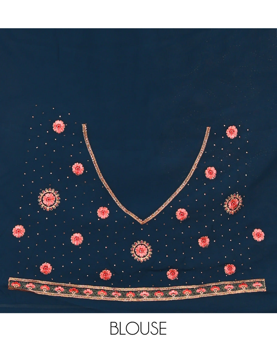 Rama Blue Georgette Saree, Accentuated with Intricate Paisleys, Kashmir Embroidered and Stone Work on Its Body, a Self-Embroidered Border, and Paired with an Embroidered Blouse