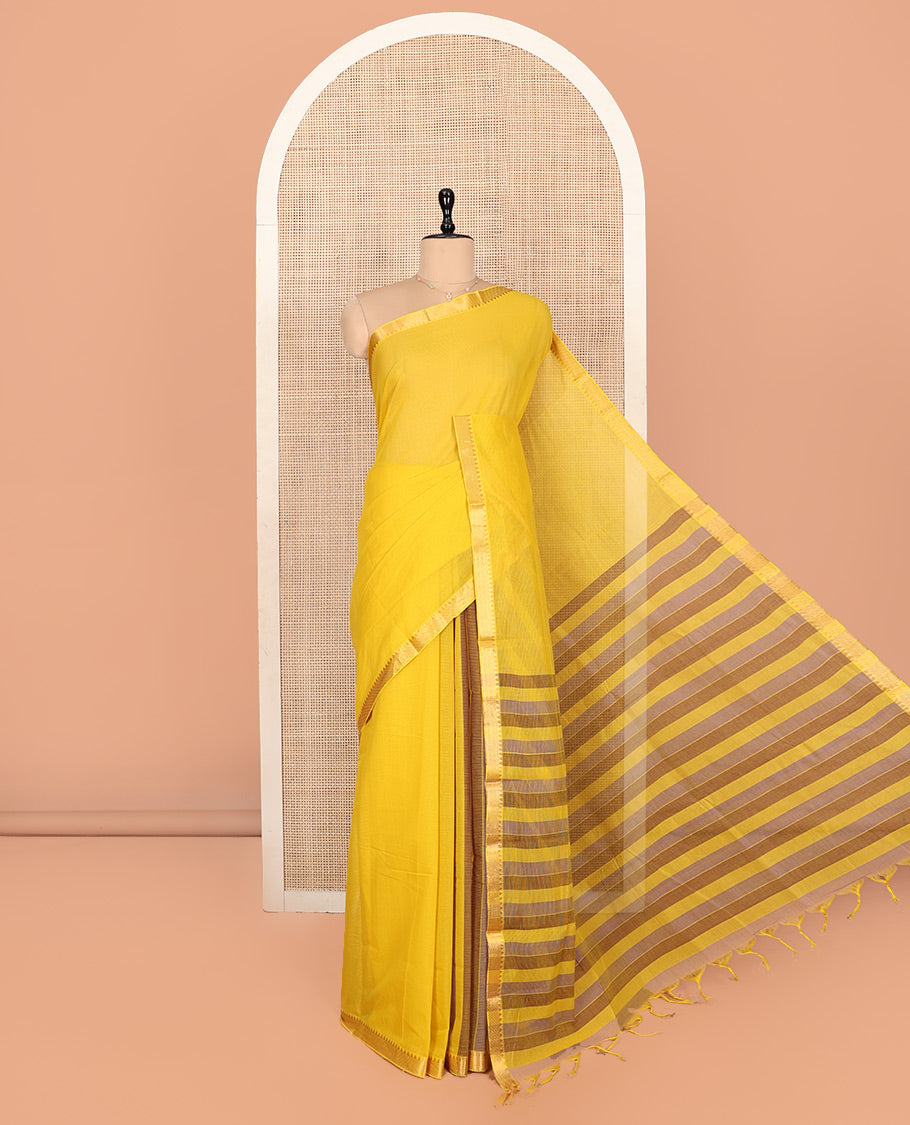 Yellow Plain Andhra Cotton Saree, Crafted with Temple Zari Border, Contrast Striped Pallu, and a Contrast Blouse