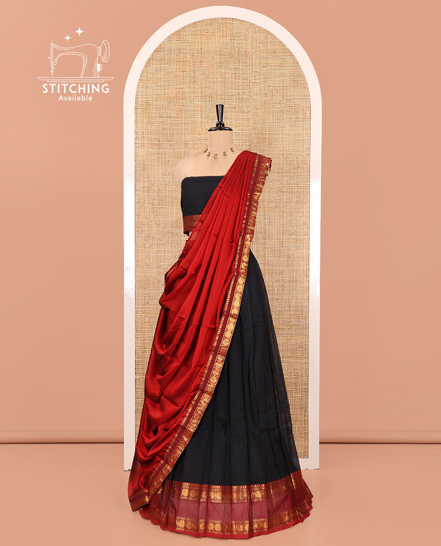 Black-Red Chettinad Cotton Half-Saree Features Plain Skirt, Contrast Traditional Rettai Pettu Border, Matching Blouse, Syska Georgette Dhavani