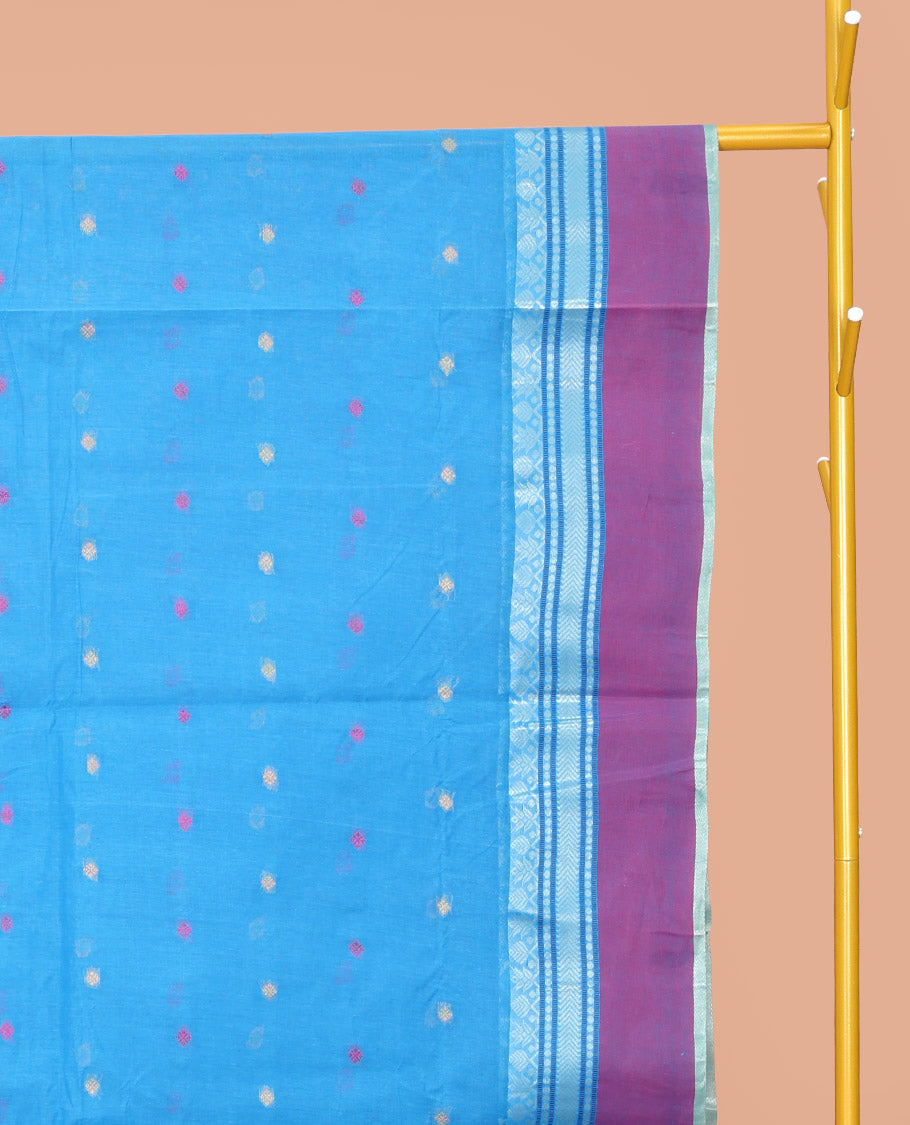 Blue Bengal Cotton Saree Features Thread Buttas, a Contrast Traditional Design Border, Pallu of Stripes, and Buttas, and a Matching Blouse