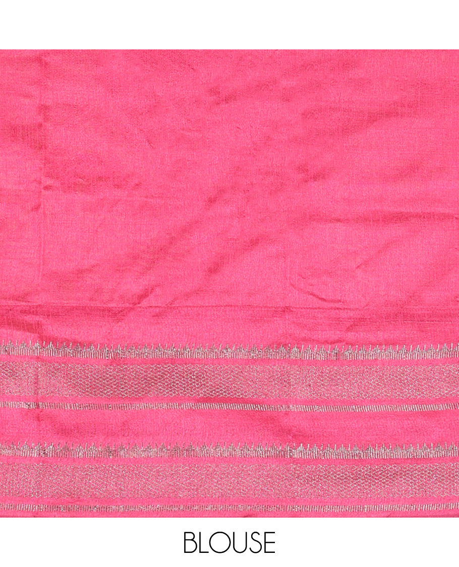 Sea Blue Plain Semi-Raw Silk Saree, a Contrast Silver Zari Border, a Contrast Pallu, and a Contrast Blouse