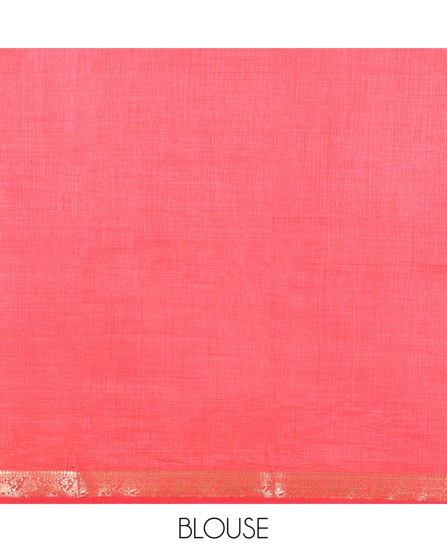 Chikku-Rani Pink Plain Semi-Tussar Saree, Complemented by Contrast Floral Creeper Zari Border, Striped Pallu and a Contrast Blouse