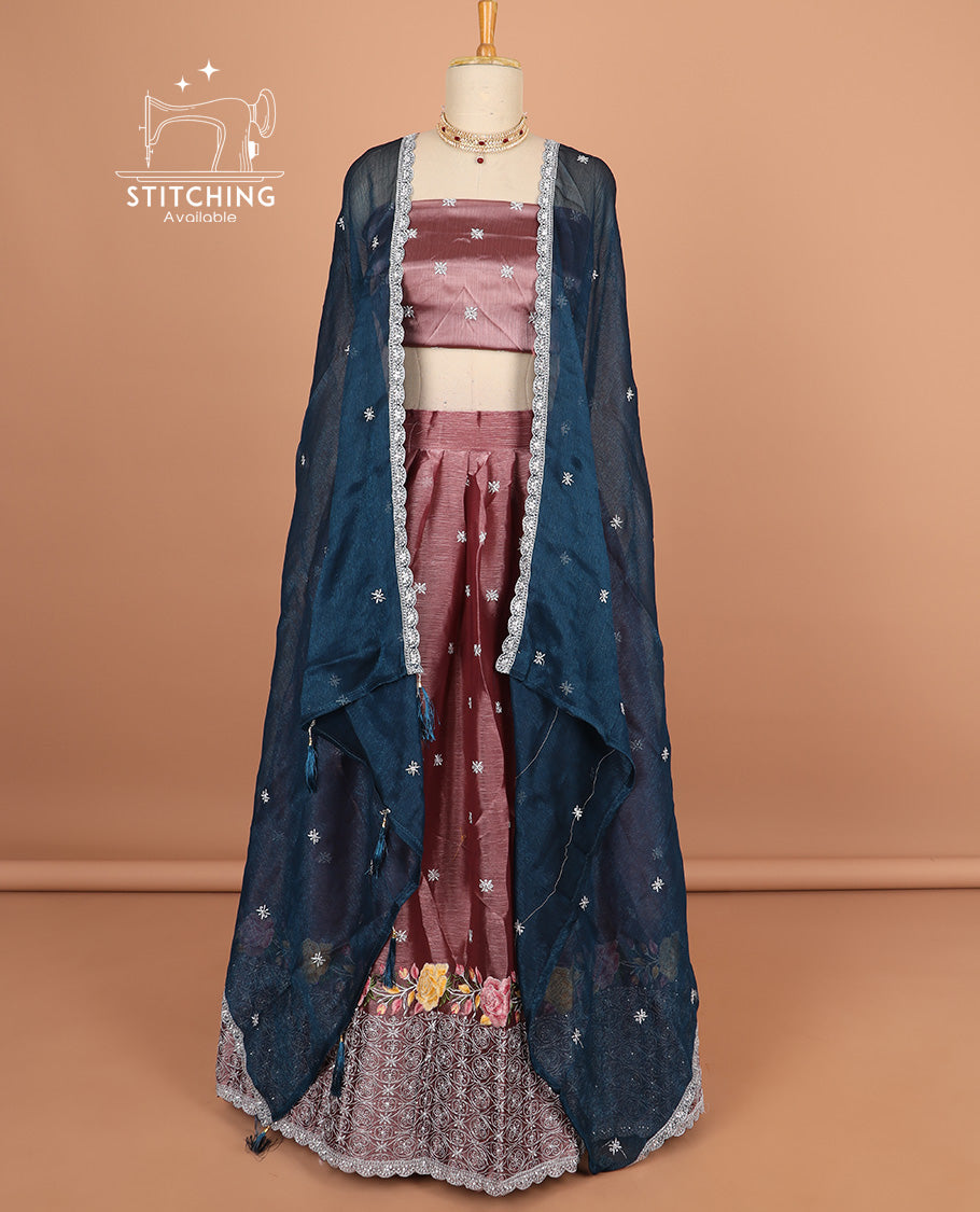 mauve floral motifs embroidery half saree with contrast with floral vine embroidery border , embridery blouse & floral embroidery scallop border dhavani