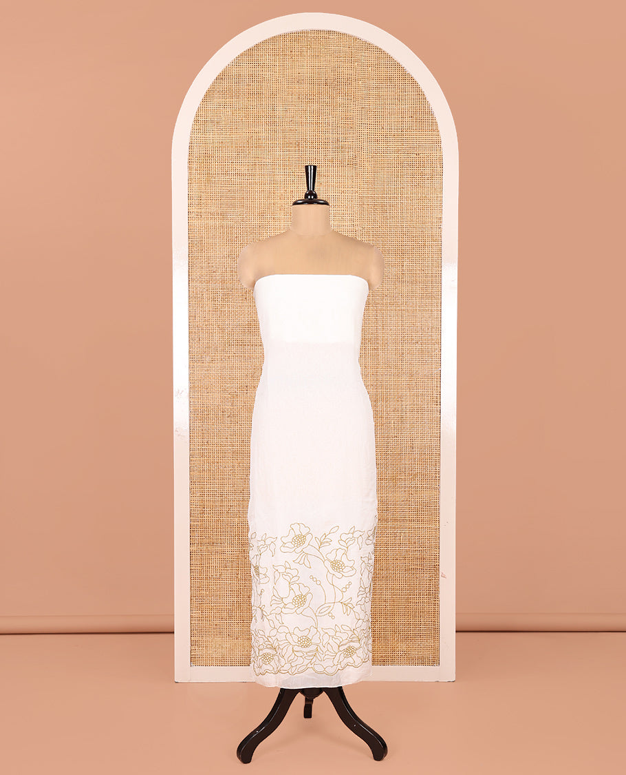 Cream-Mustard Organza Material Chudidar, Floral Thread Embroidery Top, Contrast Bottom, and Embroidered Scallop Dupatta