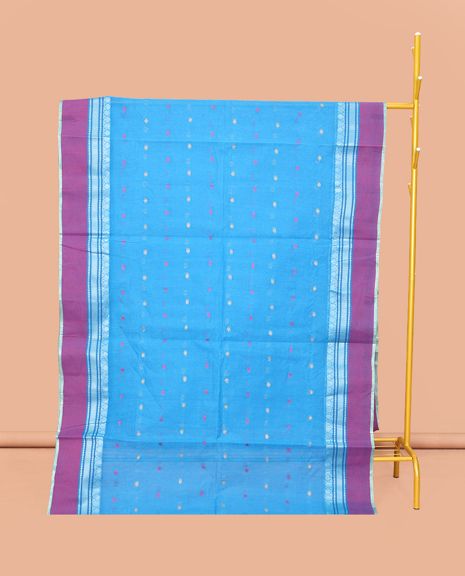 Blue Bengal Cotton Saree Features Thread Buttas, a Contrast Traditional Design Border, Pallu of Stripes, and Buttas, and a Matching Blouse