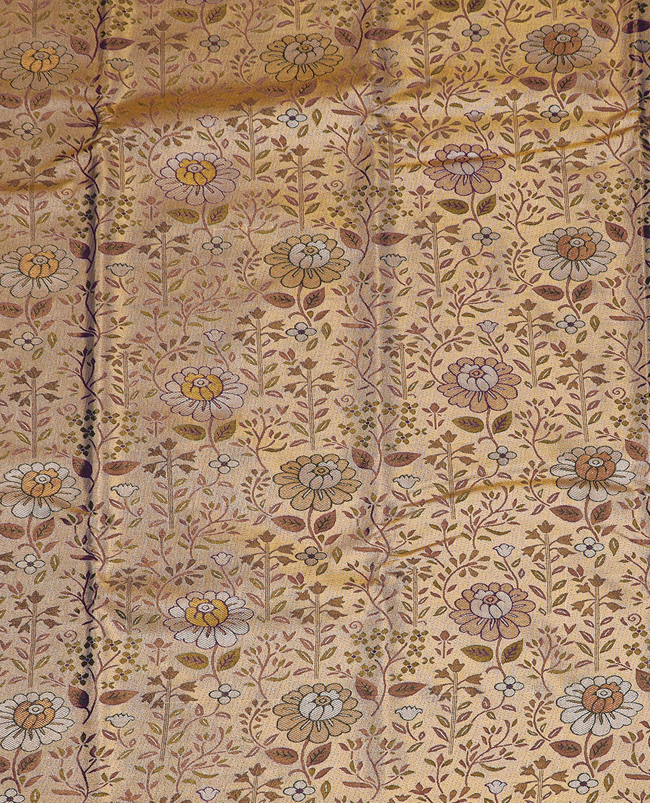 Sandal art silk pavadai material set, floral meenakari jacquard pavadai, contrast green blouse & traditional zari border