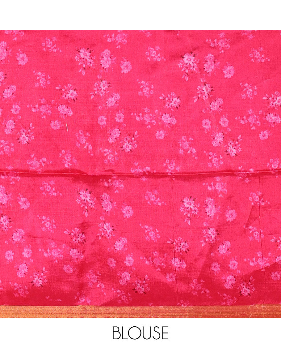 Grey floral motifs digital printed banana pith saree, piping border, striped pallu, and floral printed blouse