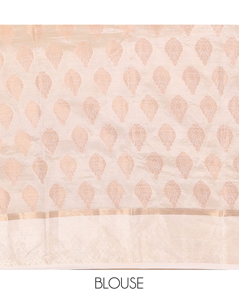 Off-white Semi-Tussar Saree, Enthralled with Zari Buttas, a Satin Embossed Border, Gleaming Pallu, and a Matching Blouse