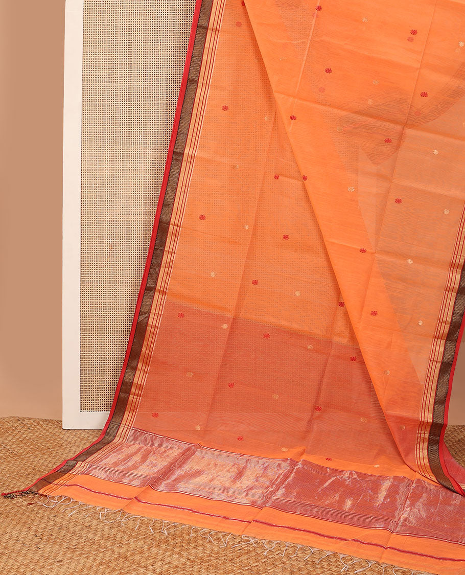 Orange floral motifs maheshwari cotton saree with contrast zari border & striped pallu