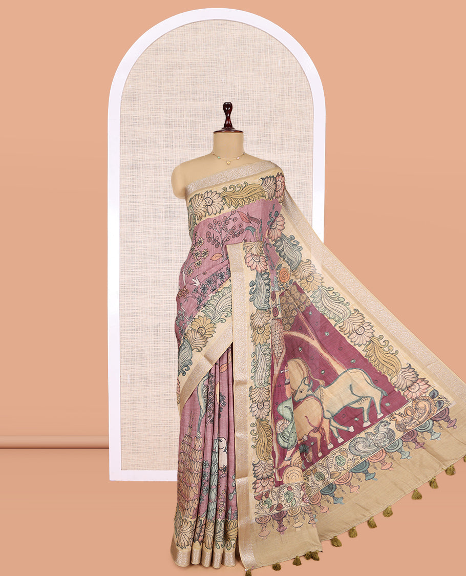 Onion Pink Kalamkari Printed Fancy Tussar Saree