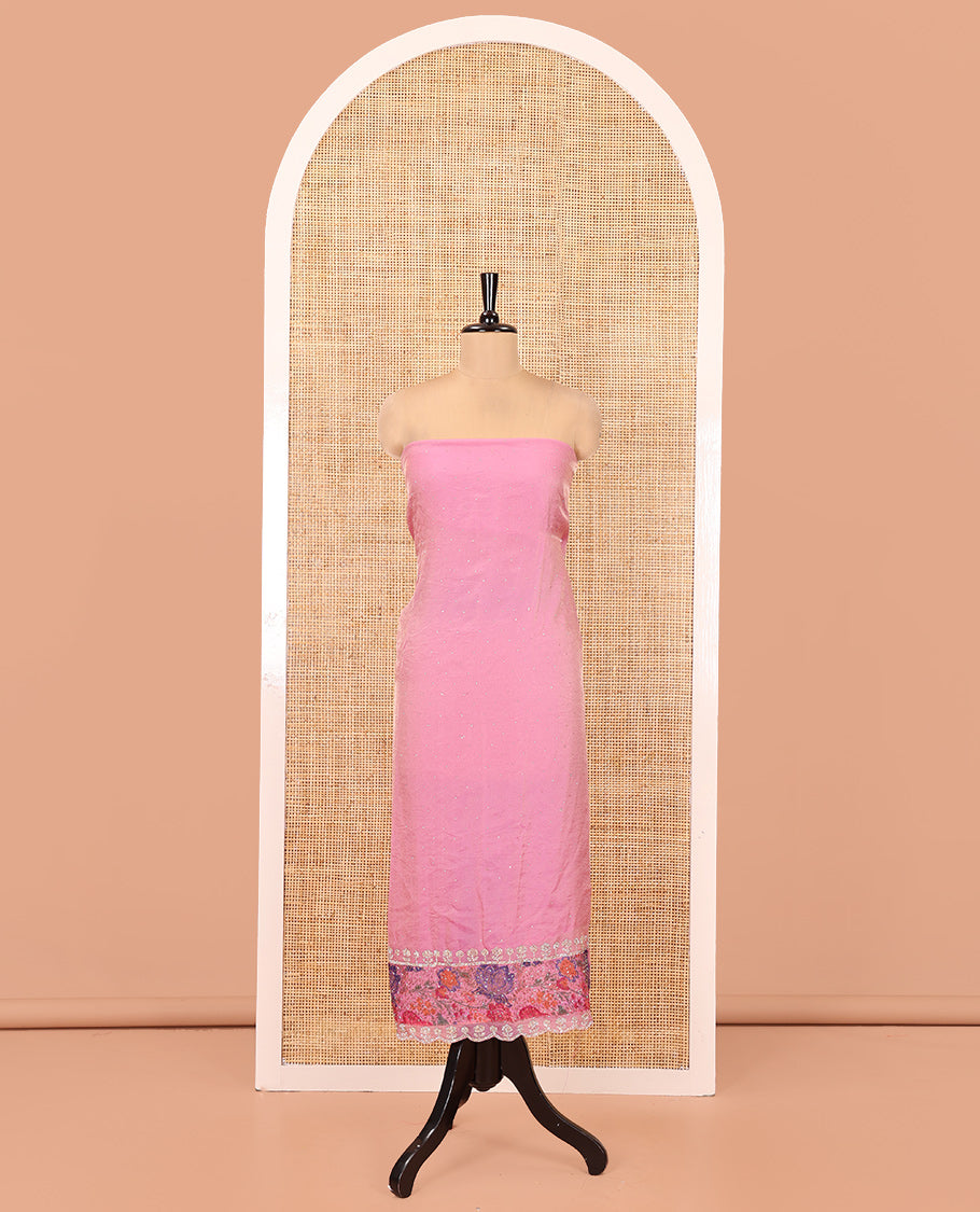 Pink Moss Organza Material Chudidar Set, Gleamed Up with Stonework Top, a Plain Santoon Bottom, and Paired with Floral Print and Scallop Stonework Dupatta