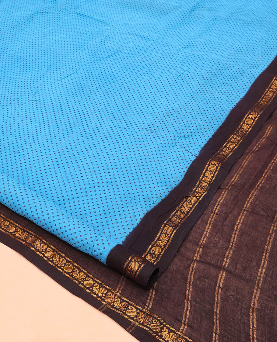 Blue Nine Yard Cotton Saree, Steeped with Polka Dots, Complemented by Contrast Peacock-Paisley Border, Pallu of Stripes, and Comes Without a Blouse
