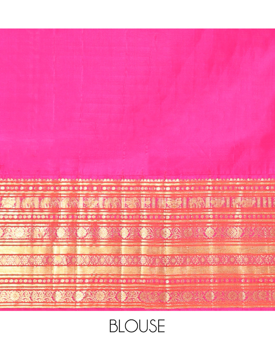 Blue Vasundhara Silk Saree, Embellished with Zari Buttas All Over Its Body, Complemented by a Contrast Border of Thilakam Mokku, Yaanai, Iruthalai Pakshi, and Kodi Visiry Designs, Grand Pallu, and Paired with a Contrast Blouse