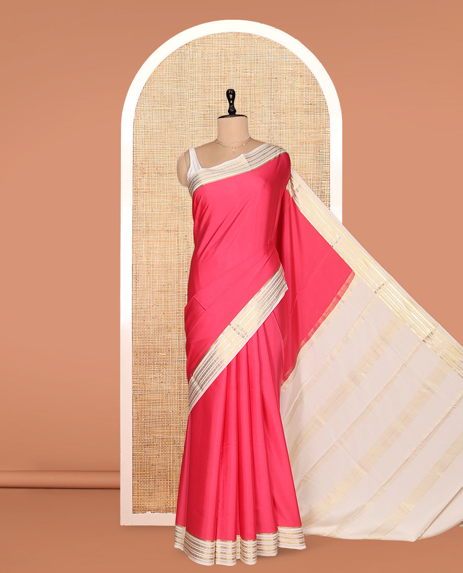Dark Pink Plain Mysore Silk Saree, Complemented by a Contrast Traditional Zari Border, Zari Design Pallu, and a Contrast Blouse