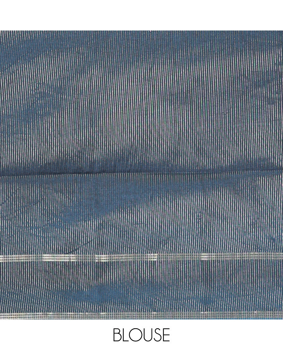 Blue zari buttas fancy tussar silk saree, zari bentex border, plain pallu, and a matching zari striped blouse