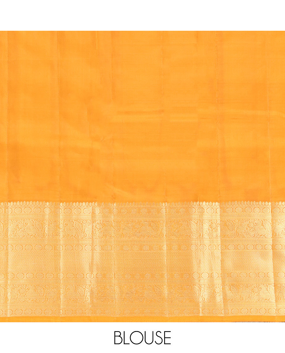 Yellow Vasundhara Lite Silk Mix Saree, Decorated with Zari Buttas, Highlighted by a Zari Border of Thilakam Mokku, Muthu, Kamalam, Mayil, Yaanai, Rettai Neli, and Mayil Kann Designs, Pallu of Mayil Kann Designs, and Paired with a Matching Blouse