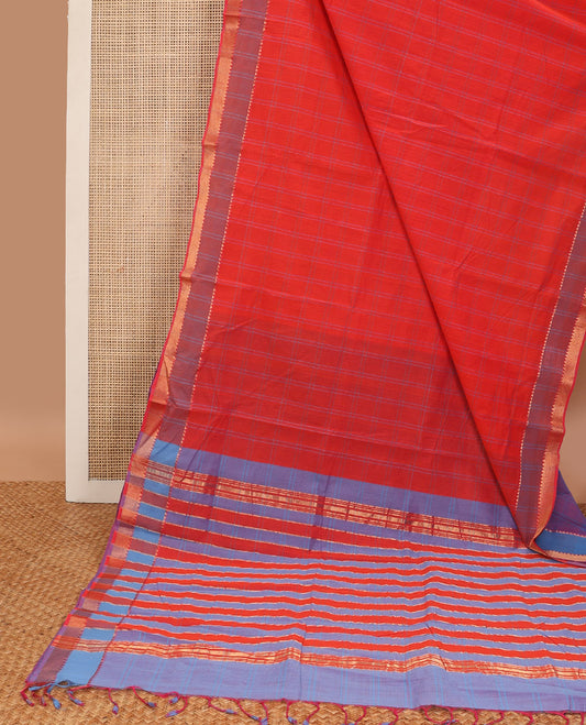 Red checked mangalagiri cotton saree with contrast temple border & checked pallu