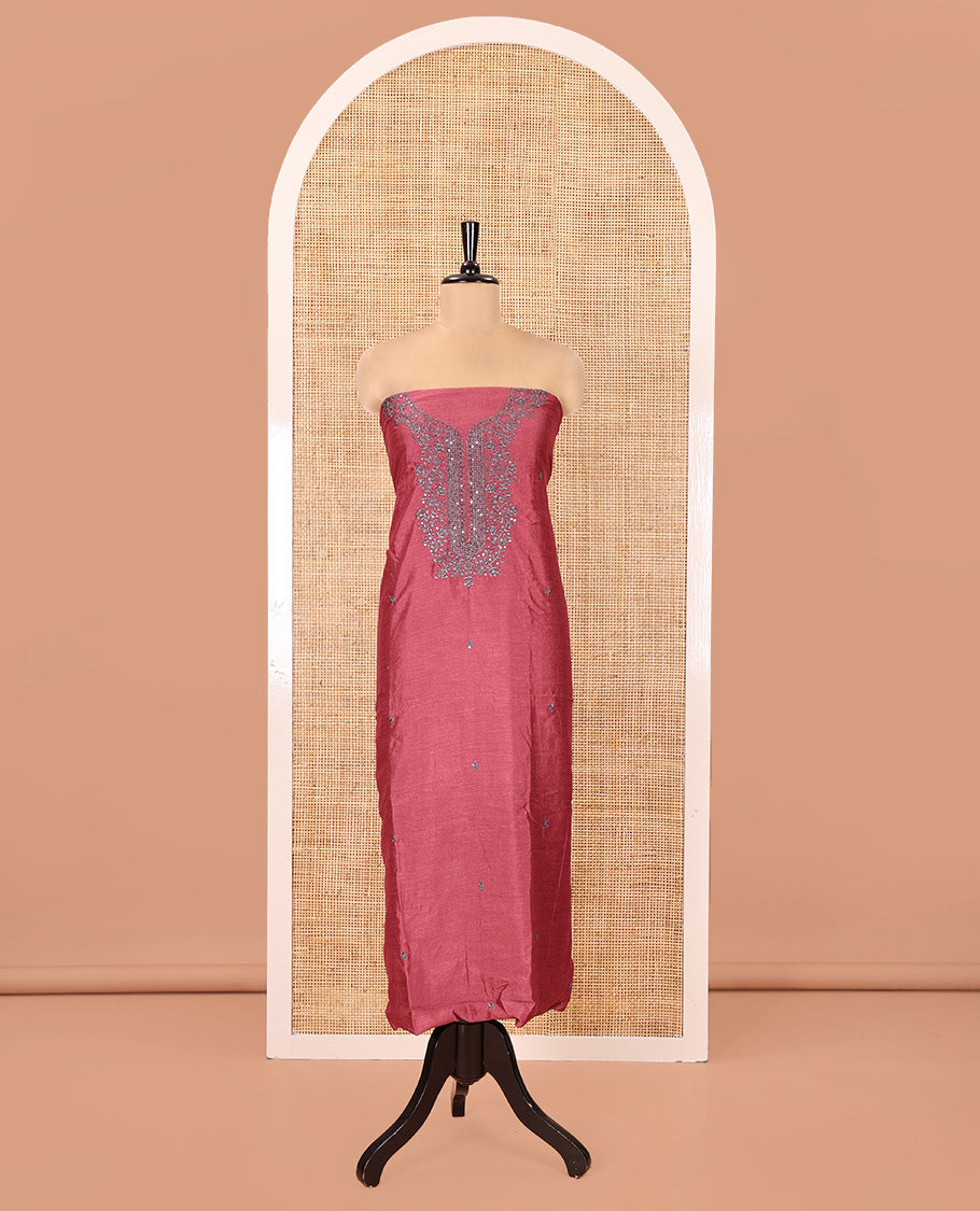 Pink Vichitra Silk Material Chudidar Set, Subtly Sparkled with Embroidered Top, a Plain Santoon Bottom, and Paired with a Matching Vichitra Silk Embroidered Scallop Dupatta