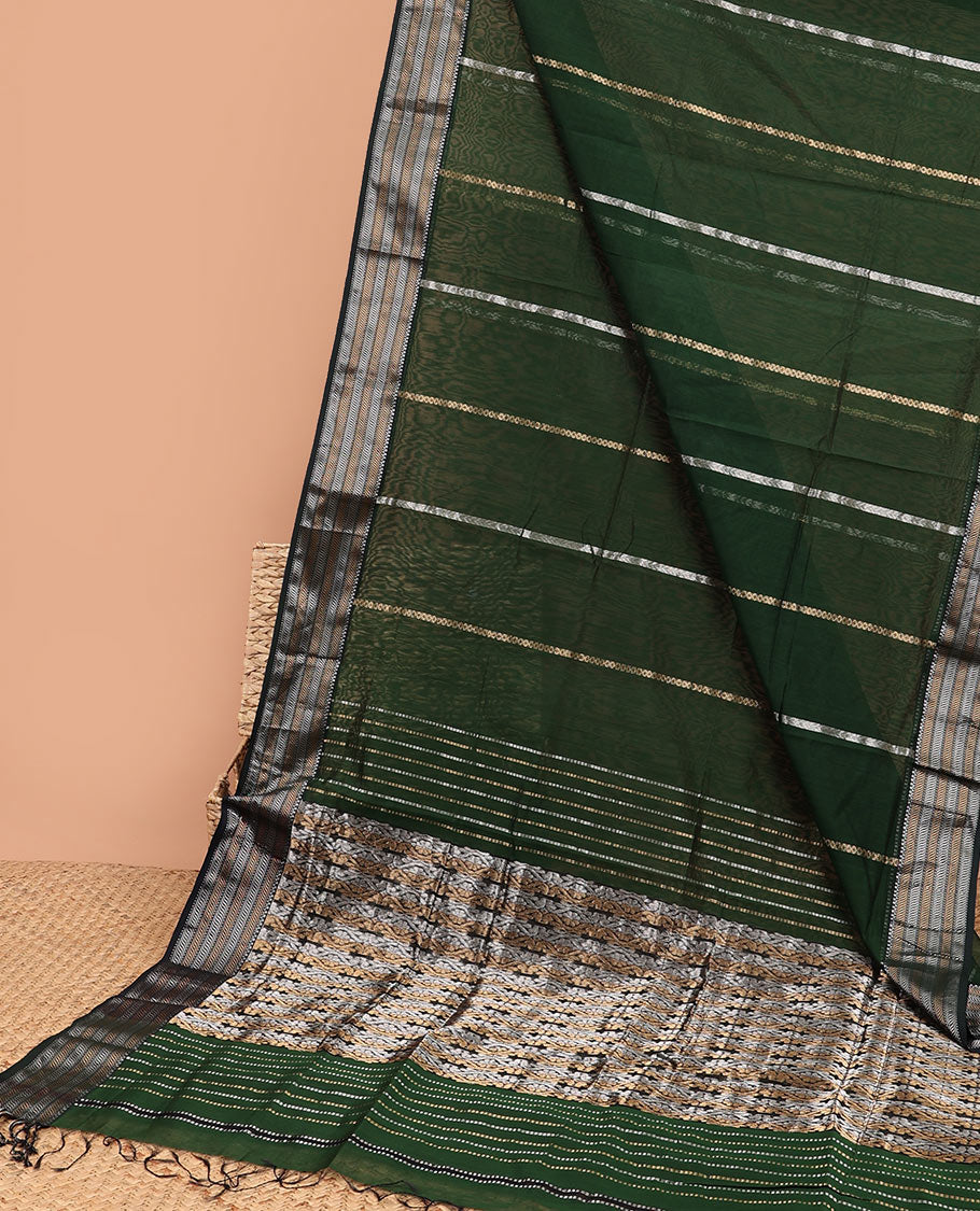 Green Maheshwari cotton saree with stripes, contrast traditional zari border & intricate pallu