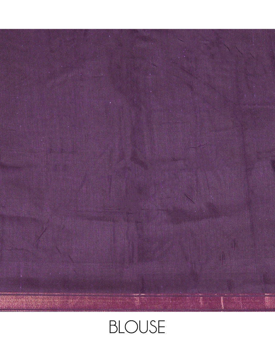 Violet Chanderi Cotton Saree, Elevated with Intricate Bagru Print and Mirror Work on Its Body, a Subtle Printed Border, Pallu of Paisleys Block Print, and Has a Plain Blouse
