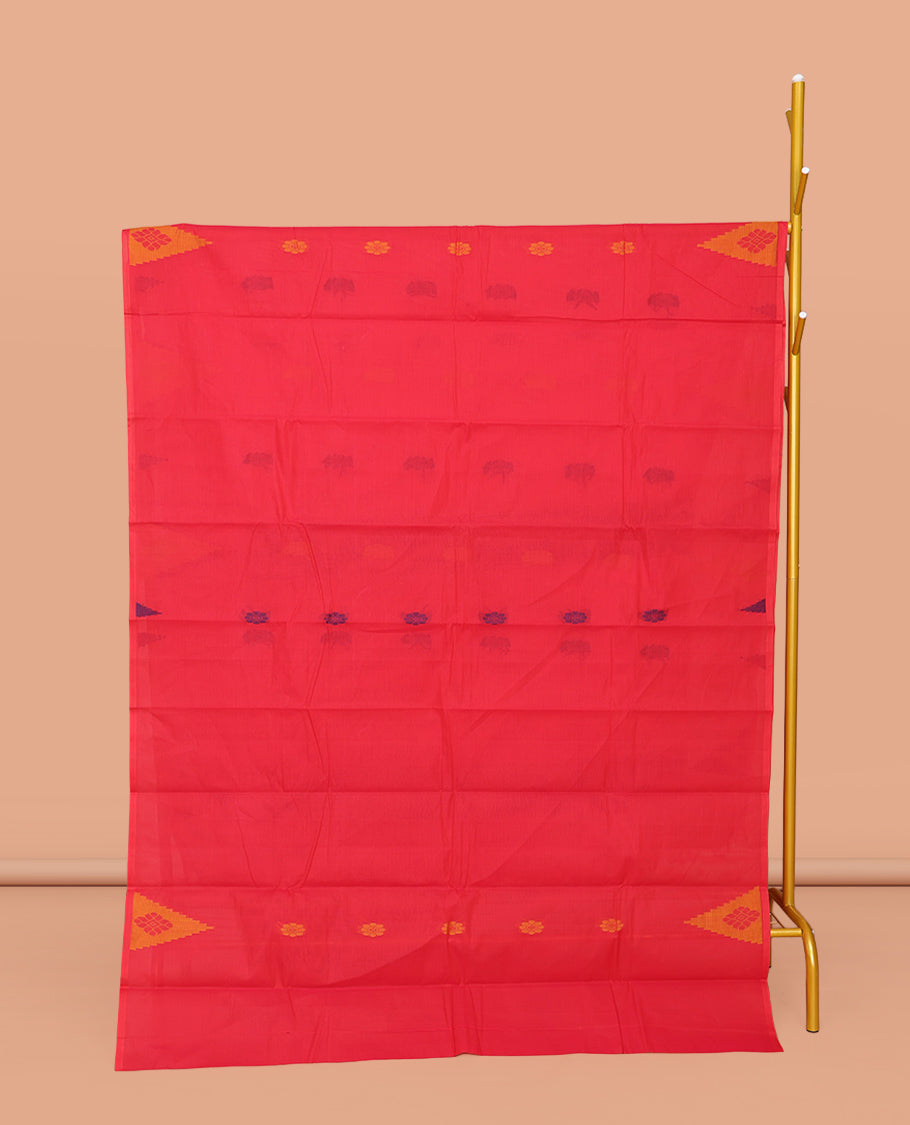 Red Kanchi Cotton Saree, Adorned with Buttas All Over Its Body, Subtle Thread Temple Border, Intricately Designed Pallu, and Paired with a Matching Blouse