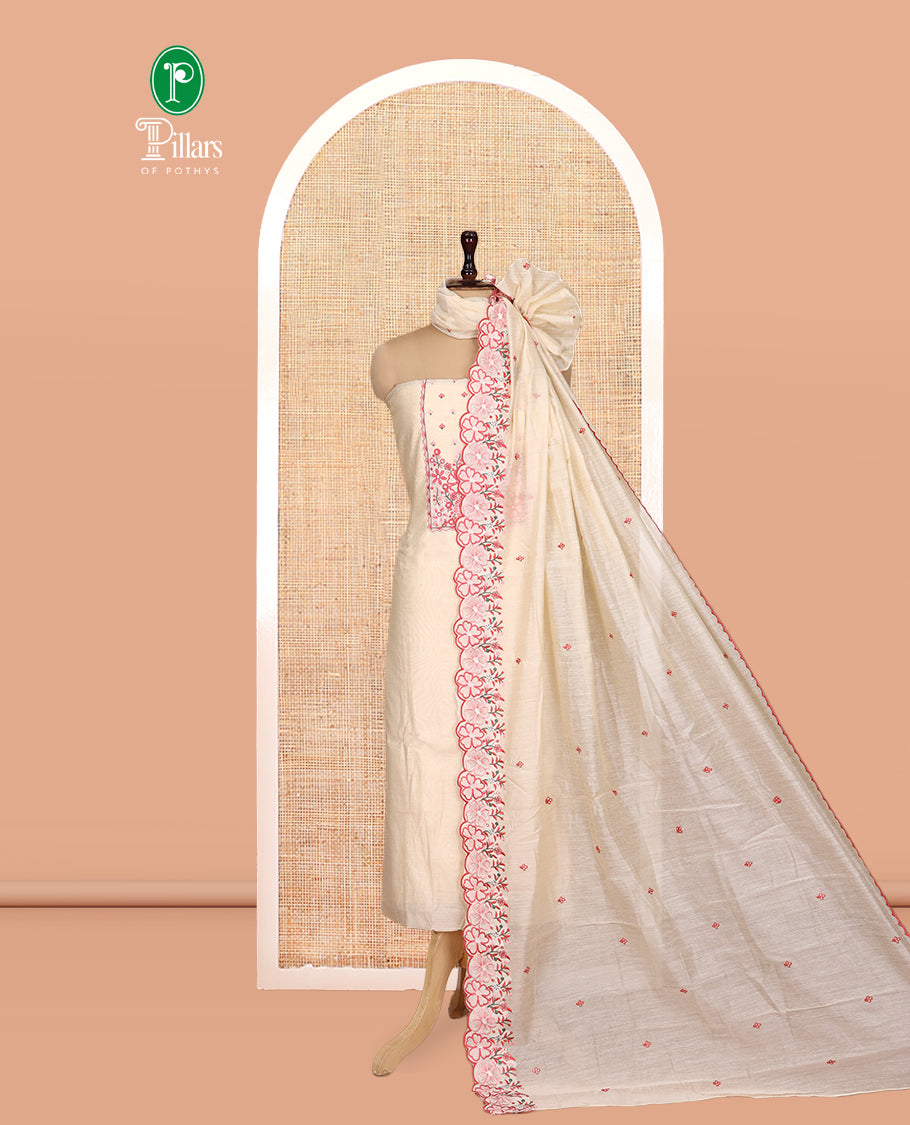 Cream Mul Chanderi Material Churidar Features Floral Embroidered Top, a Plain Bottom, a Floral Embroidered Scallop Dupatta