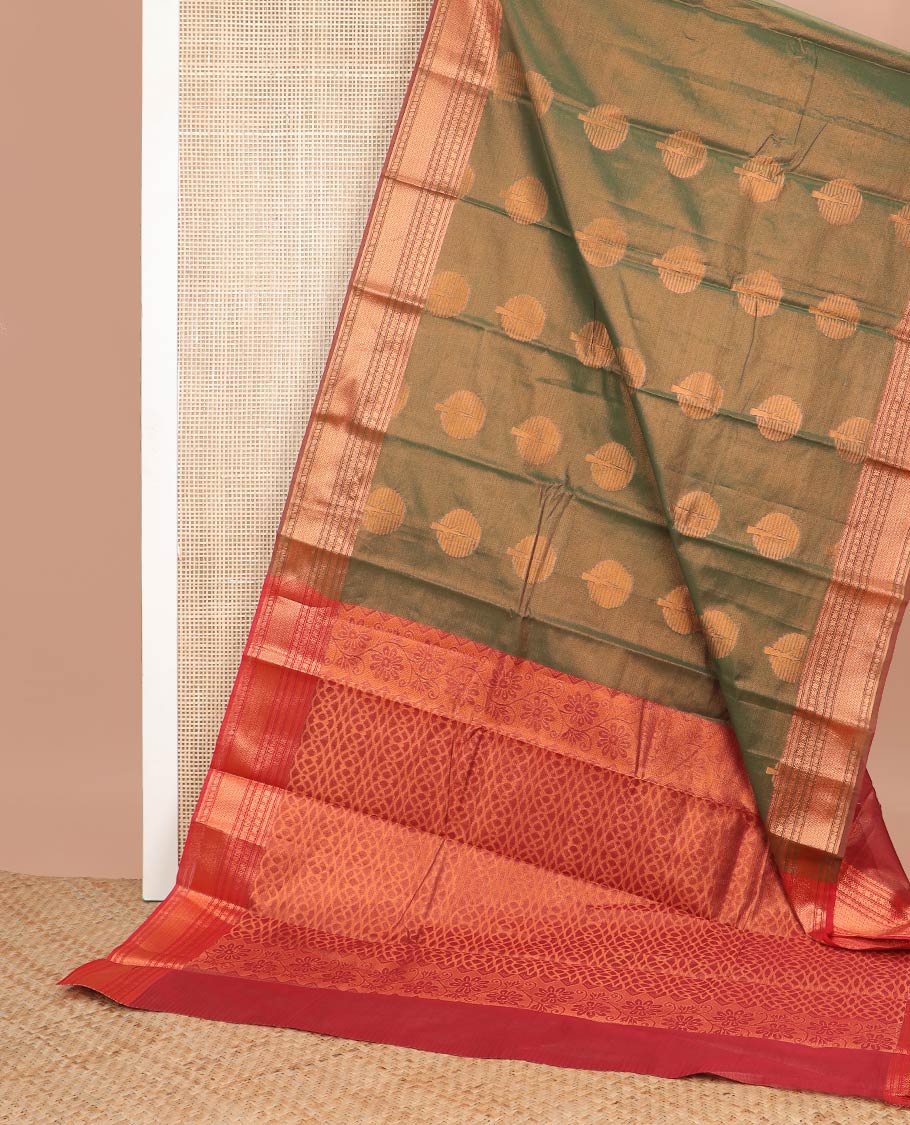 Green tree motifs semi silk cotton saree with contrast floral design border & jaal design pallu