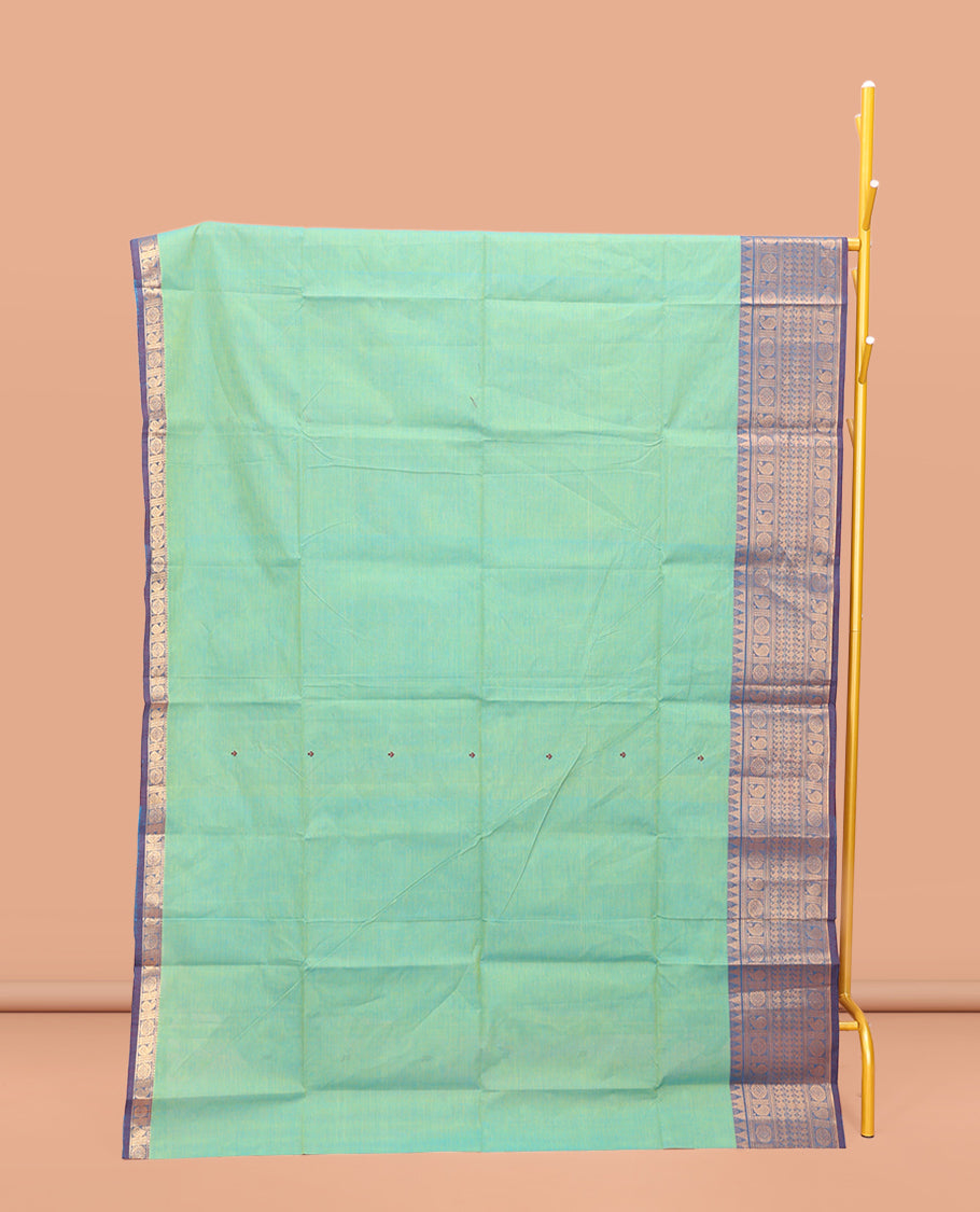 Light Turquoise Chettinad Cotton Saree, Decorated with Thread Buttas All Over Body, Complemented by a Contrast Traditional Zari Design Border, Pallu of Stripes and Buttas, and Paired with a Matching Blouse