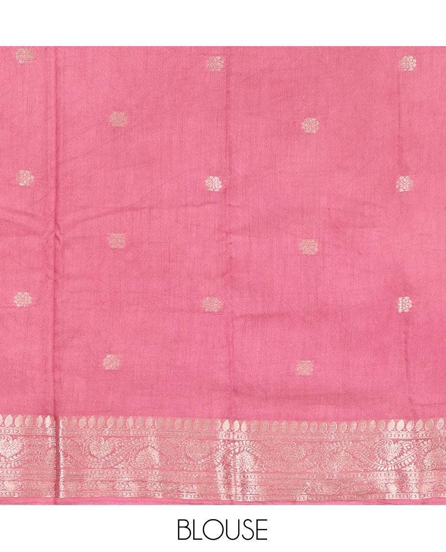 Maroon Assam Silk Saree, Woven with Zari Buttas, Complemented by a Contrast Traditional Zari Border, Zari-Striped Pallu, and a Contrast Blouse