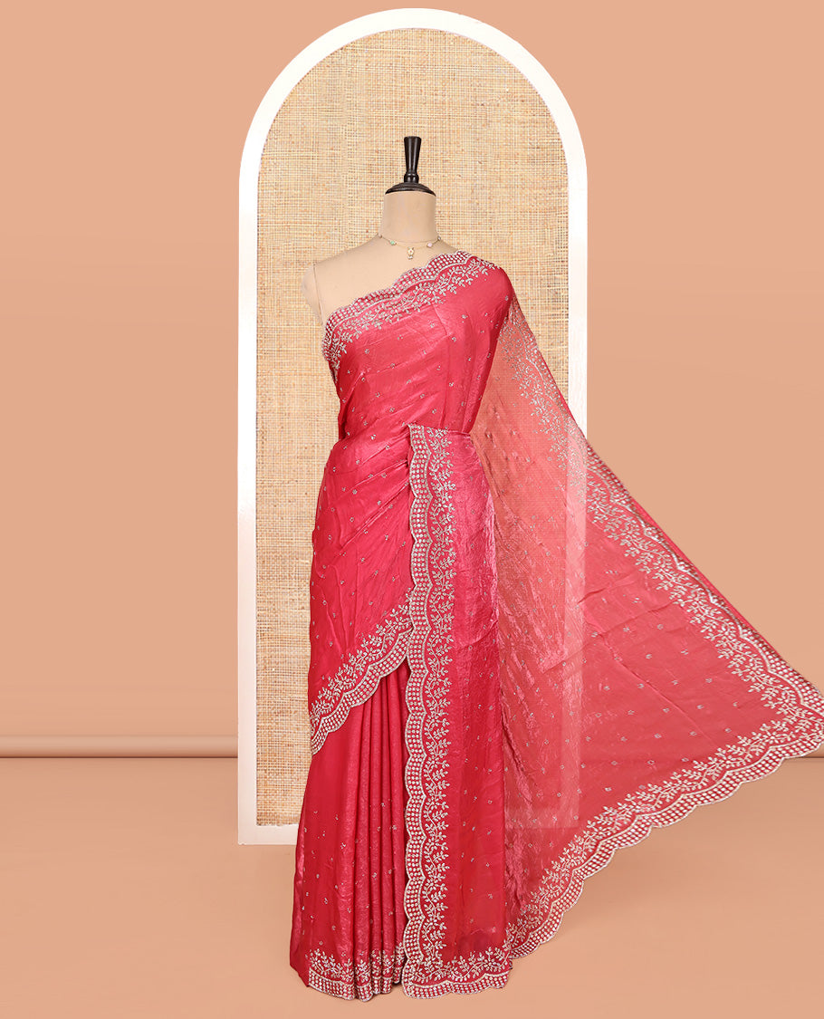 Red Designer Saree, Styled with Stone Work All Over Its Body, a Scallop Cut-Embroidered Border, and Matching Blouse